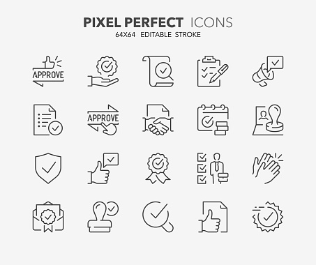 Line icons about approval and certified. Outline symbol collection. Editable vector stroke. 64x64 Pixel Perfect.
