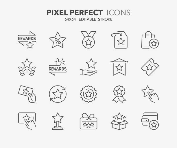 rewards thin line icons Line icons about rewards programs. Outline symbol collection. Editable vector stroke. 64x64 Pixel Perfect. rewards icon stock illustrations