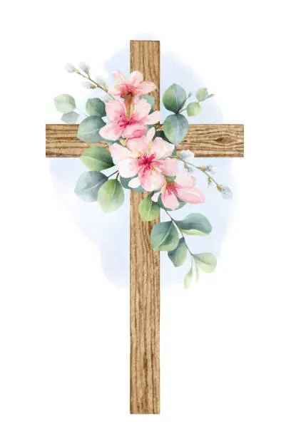 Vector illustration of Religious vector cross with eucalyptus greenery and flowers. Easter catholic religious symbol. Illustration for  Epiphany, Christening, baptism, cards, paper, invitations.