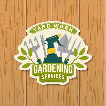 Gardening services emblem, label, patch, sticker. Vector illustration. For sign, patch, shirt design with flower, hand garden trowel, farming fork, sprayer, hand rake, gardening equipment.