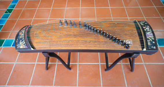 Chinese traditional musical instrument guzheng strings detail