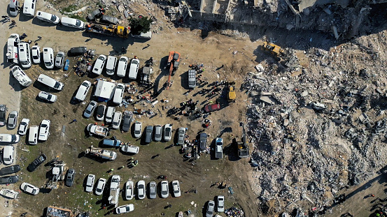 Turkey Hatay Antakya Earthquake Aerial Shot Drone Destroyed City Search and Rescue Damaged Buildings