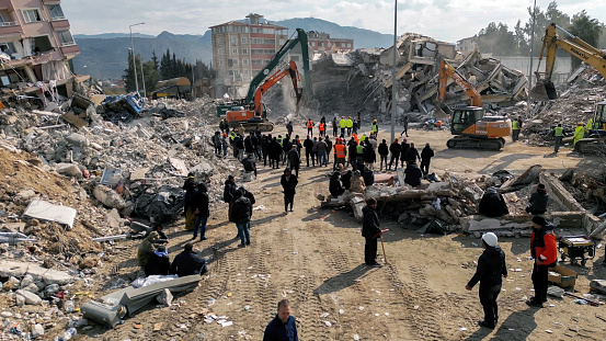 Turkey Hatay Antakya Earthquake Aerial Shot Drone Destroyed City Search and Rescue Damaged Buildings