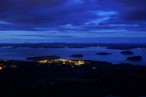 landscape of night view of Bar Harbor and island