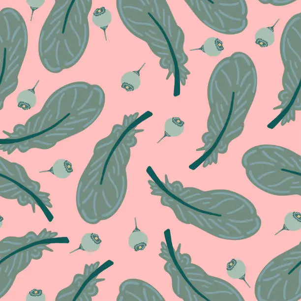 Vector illustration of Pink background green pastel feathers flat design seamless pattern