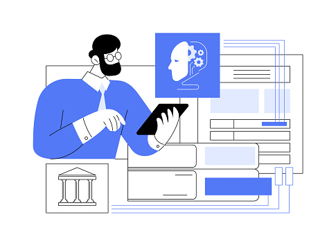 AI-Backed Legal Research abstract concept vector illustration. Legal Services. Analyzing and summarizing case law and statutes. Legal information. AI Technology. abstract metaphor.