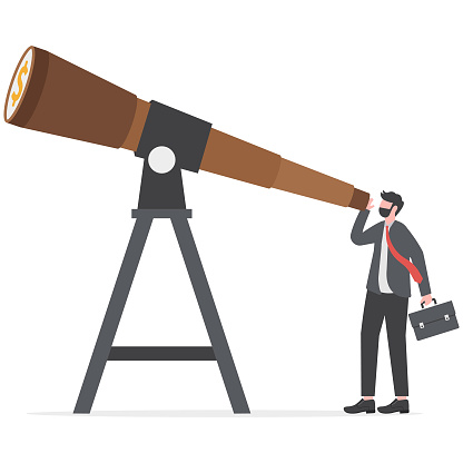 Visionary to discover opportunity. smart businessman look through big telescope, business forecast