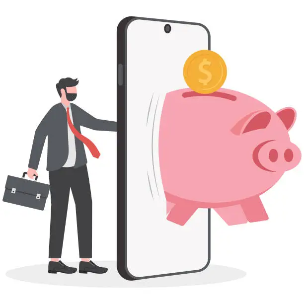 Vector illustration of Fintech financial technology, banking mobile app for spending investment and saving concept, businessman investor standing with mobile application with wealthy pink piggy bank with money coins jumping