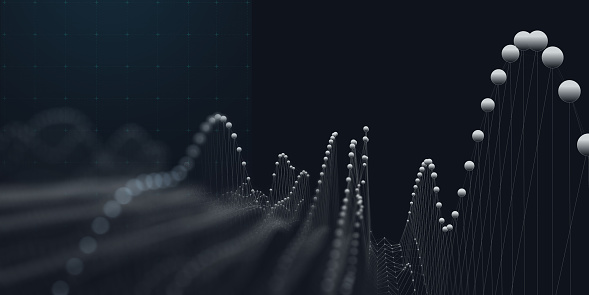 Abstract background graph with white lines and dots defocus on dark. Interlacement  technology data concept in virtual space. Big Data. Banner for business, science and technology data analytics.