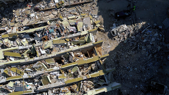 An aerial view of collapsed houses in Hatay, Antakya, after the powerful twin earthquakes hit Kahramanmaras, Turkiye on February 20, 2023