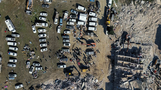 An aerial view of collapsed houses in Hatay, Antakya, after the powerful twin earthquakes hit Kahramanmaras, Turkiye on February 20, 2023