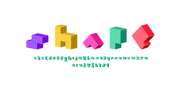 illustrazioni stock, clip art, cartoni animati e icone di tendenza di carattere pixel 3d, alfabeto luminoso realizzato in stile colorato, lettere e numeri, illustrazione vettoriale 10eps - letter j block toy alphabet