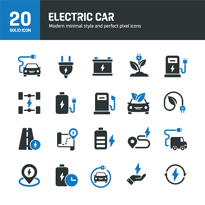 Electric car solid icons. Containing hybrid, electric, green technology solid icons collection. Vector illustration. For website design, logo, app, template, ui, etc.
