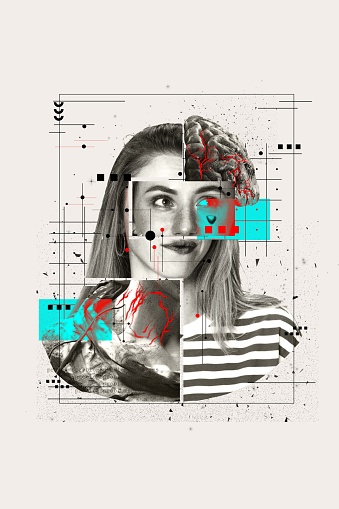 Neuroscience. Power of the female brain. Visual for a campaign promoting gender equality in STEM fields, focusing on neurodiversity. Digital portrait of a smiling woman with overlay of brain imagery