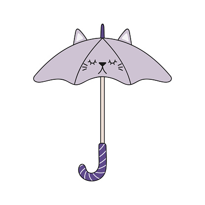 Cute umbrella with kawaii cat face, ears cartoon illustration. Hand drawn style design, line art, drawing, isolated vector. Kids print element, rainy season, wet weather, child fashion accessory