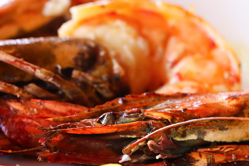 Stock photo showing close-up view of a white plate with a pile of freshly cooked tandoori king prawns.