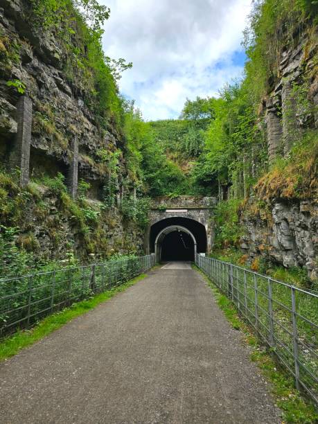 istock Scenic tunnel framed by imposing rock formations and trees 1951983011
