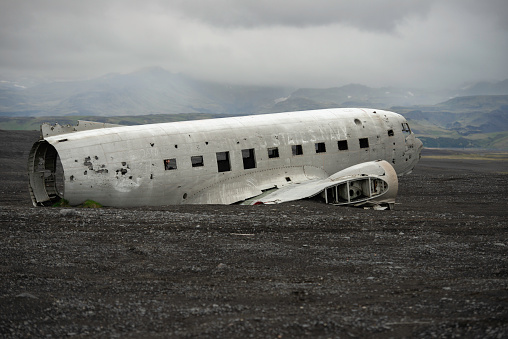 The famous Dakota abandoned on a black sand beach in Iceland