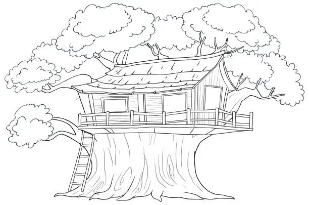 Vector illustration of Black and white illustration of a whimsical treehouse