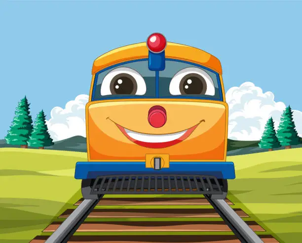 Vector illustration of Cheerful cartoon train traveling through countryside