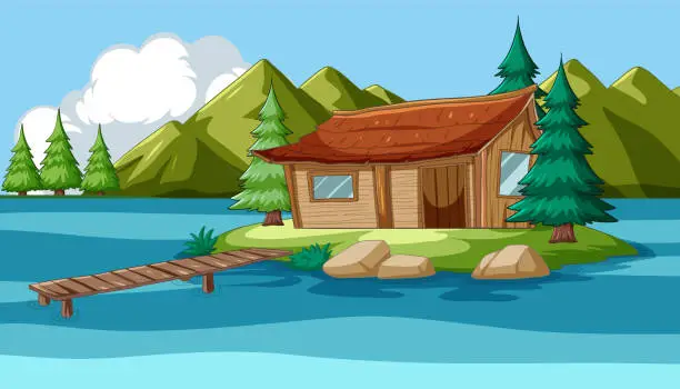 Vector illustration of Vector illustration of a cabin by a mountain lake.