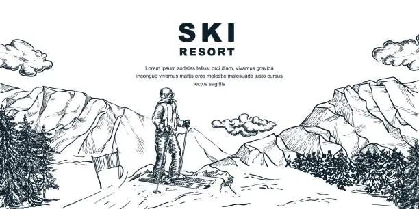 Vector illustration of Ski resort banner. Skier on slope vector hand drawn sketch illustration. Winter background with mountains pine forest