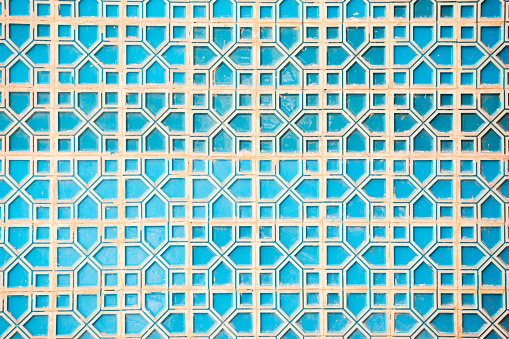Blue and white pattern of Iranian mosque wall.