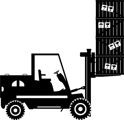 Silhouette of Wheel Forklift with Wooden Boxes Icon in Flat Style.