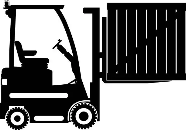 Vector illustration of Silhouette of Wheel Forklift with Wooden Container Icon in Flat Style. Vector Illustration