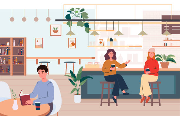 Vector illustration of a small cafe interior. Two girls sitting on bar stools are talking and drinking coffee, and a man at another table is reading a book. Shelves with different books and objects. Vector illustration of a small cafe interior. Two girls sitting on bar stools are talking and drinking coffee, and a man at another table is reading a book. Shelves with different books and objects meeting at cafe stock illustrations