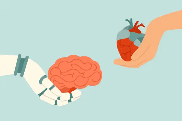 Vector illustration of The robot hand gives a brain to a human, and the human gives a heart to a robot. Human and artificial intelligence collaboration concept