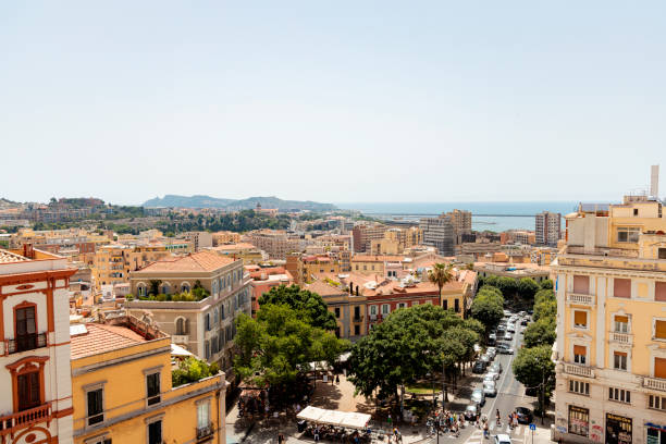 photograph taken in the city of cagliari, italy, capturing an aerial view of the entire cityscape and its buildings - cagliari zdjęcia i obrazy z banku zdjęć