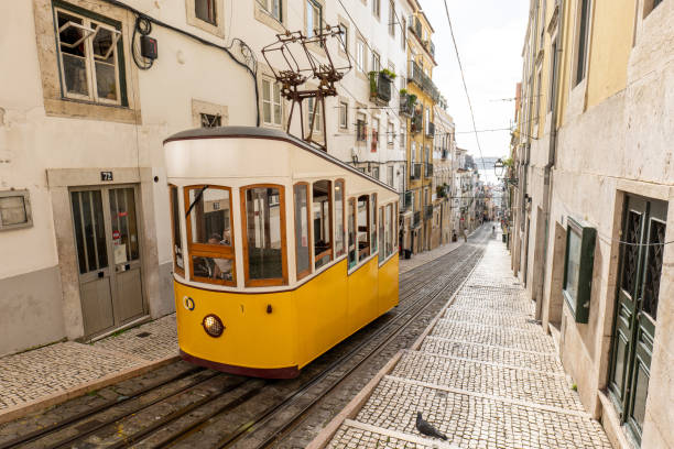 the famous yellow tramway in lisbon - southern europe public transportation international landmark local landmark - fotografias e filmes do acervo