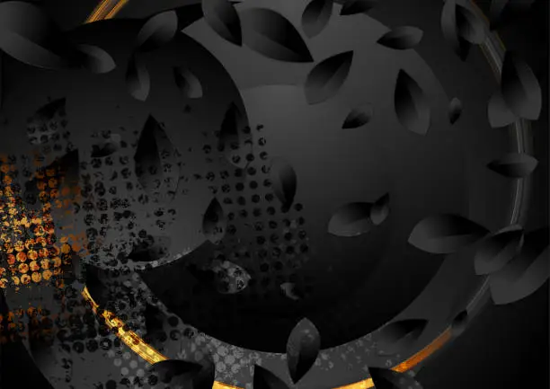 Vector illustration of Golden black grunge retro background with leaves and circles