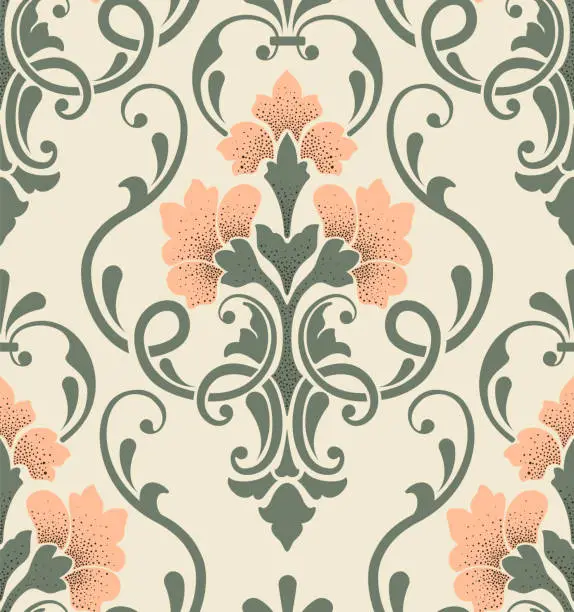 Vector illustration of Damask seamless pattern element. Vector classical luxury old fashioned damask ornament, royal victorian seamless texture for wallpapers, textile, wrapping. Vintage exquisite floral baroque template.