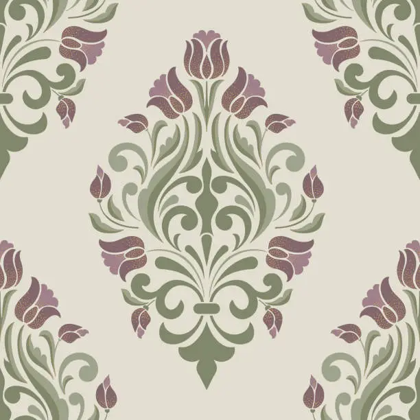 Vector illustration of Damask seamless pattern element. Vector classical luxury old fashioned damask ornament, royal victorian seamless texture for wallpapers, textile, wrapping. Vintage exquisite floral baroque template.