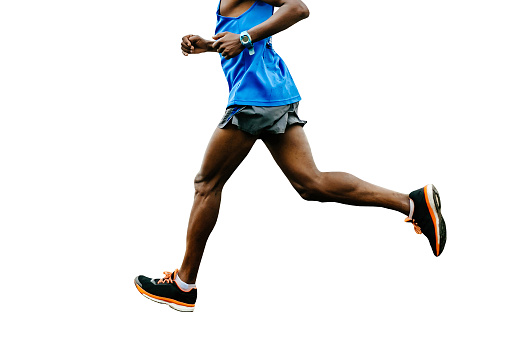 male african athlete running marathon race, legs jogger run world championships race isolated on white background