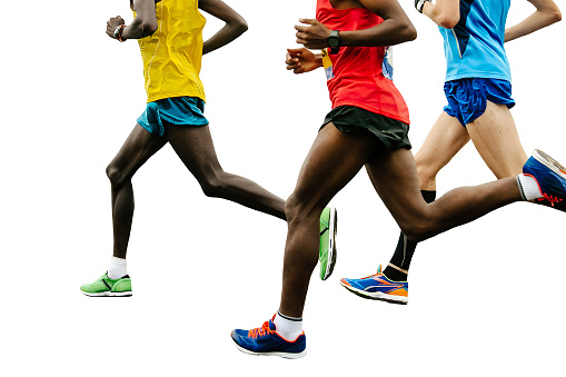 group african and european runners running marathon race isolated on white background