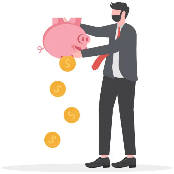 Vector illustration of Businessman Taking Money Out of Piggy Bank. Financial crisis concept.