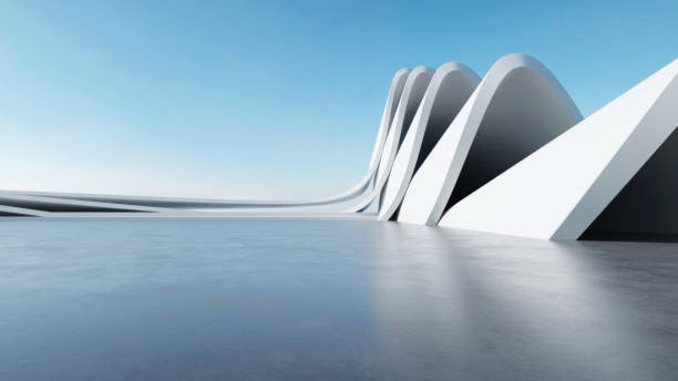 istock 3d render of abstract wavy futuristic architecture with concrete floor. 1952073850
