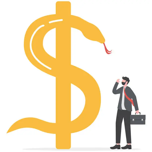 Vector illustration of Financial risk, gambling money or investment risk, danger money game, opportunity to make profit and lose money concept, businessman investor looking at giant snake dollar sign and think wisely.