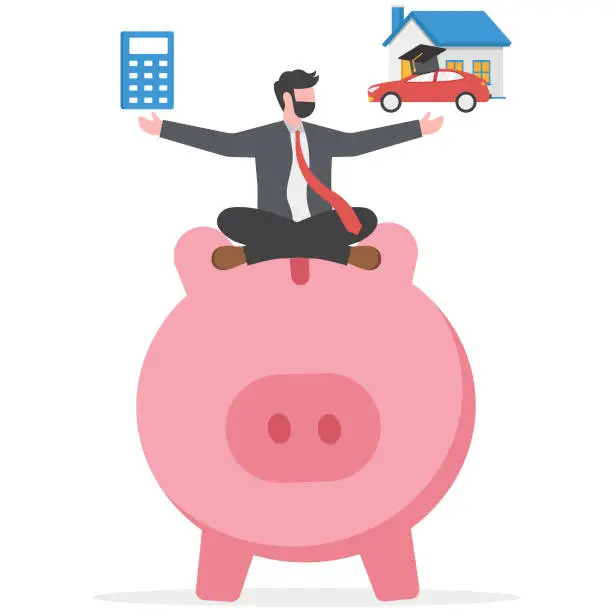 Vector illustration of Personal finance money management, expense, cost and budget calculation for education, housing mortgage or car loan concept, smart businessman on piggy bank with calculator, house, car and graduate hat.
