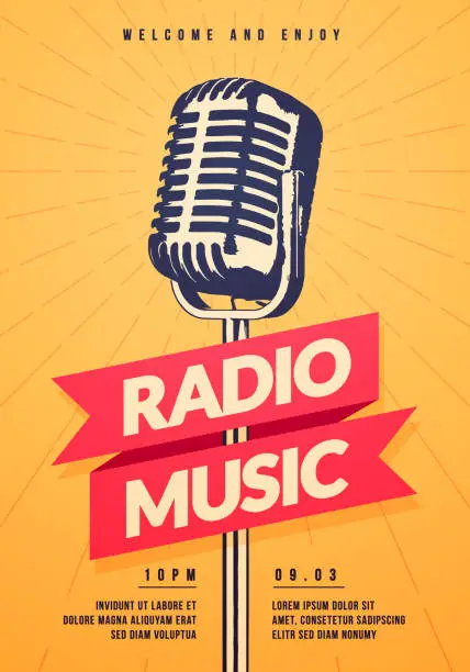 Vector illustration of Retro Style Radio Or Concert Poster With Classic Microphone