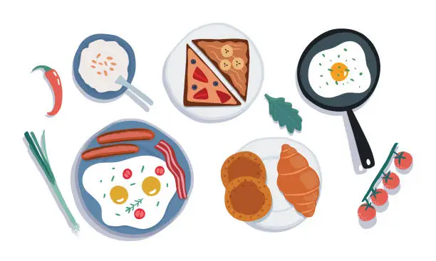 Vector illustration of Tasty breakfast. Various delicious dishes. Cute flat style. Eggs, sausages, bacon, porridge, croissant, pancakes, toast etc.