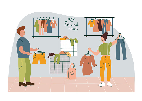 Man and woman customer buying clothes.  Couple shopping in flea market or second hand shop. Eco sustainable fashion concept. Cheap garage sale, second hand shop. Flat vector cartoon illustration
