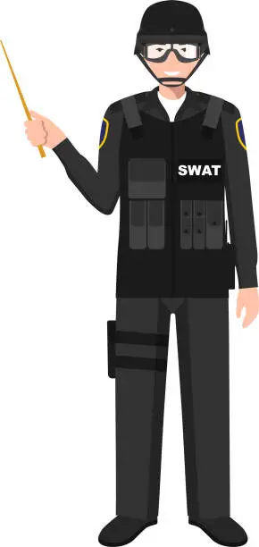 Vector illustration of Standing SWAT Policeman Officer with Wooden Pointer Stick in Traditional Uniform Character Icon in Flat Style. Vector Illustration.