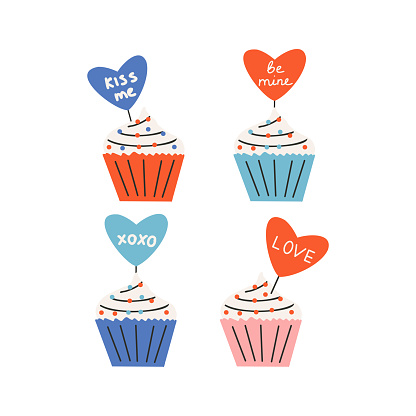 Set of cupcake with a heart and the text kiss me, love, be mine. Symbol of love, romance. Design for Valentine's Day. Flat vector illustration isolated on white background.