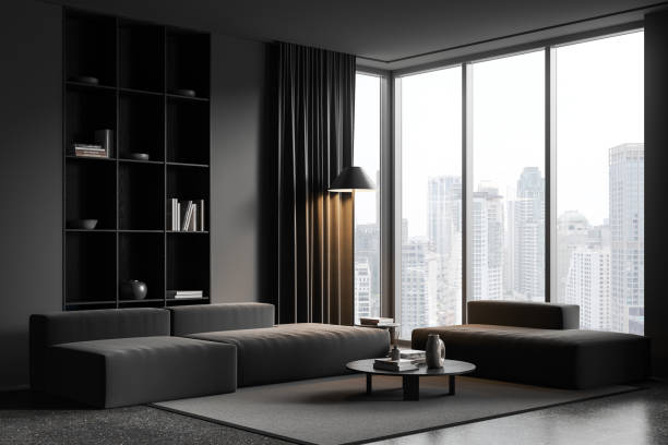istock Grey home living room interior with couch and shelf near panoramic window 1952101800