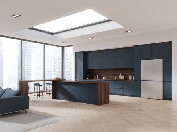 istock Stylish studio interior with relaxing and cooking corner, panoramic window 1952102926
