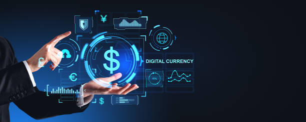 istock Man finger touching digital dollar hologram hud with statistics and indicators 1952107186